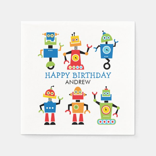 Colourful Robot Birthday Party Napkin (Front)