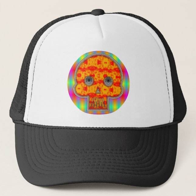 Colourful Robot Skull On Rainbow Background Trucker Hat (Front)