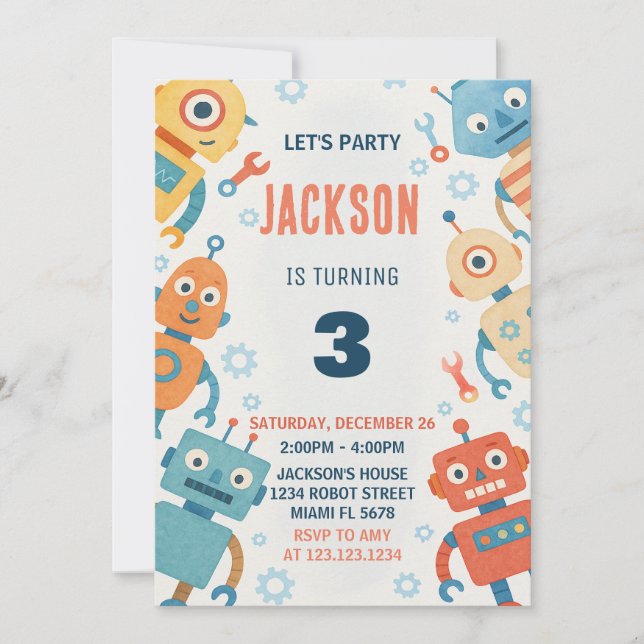 Colourful Robots Kids Birthday Invitation (Front)