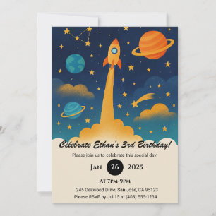 Colourful Rocket Launch in Outer Space Birthday Invitation