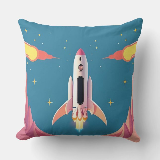 Colourful Rocket Launch in Vibrant Cartoon Cushion (Front)