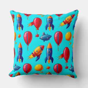 Colourful Rockets, Balloons, Stars, and Submarines Cushion