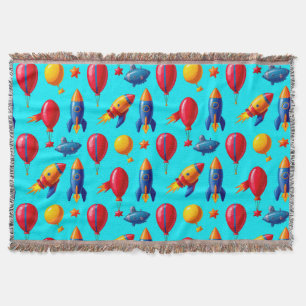 Colourful Rockets, Balloons, Stars, and Submarines Throw Blanket