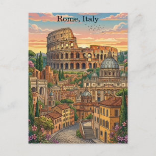 Colourful Rome Italy Colosseum Vintage Travel Art Postcard