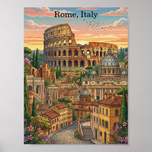 Colourful Rome Italy Colosseum Vintage Travel Art Poster