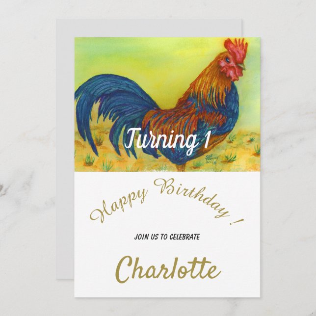 Colourful Rooster 1st Birthday Invitation (Front/Back)