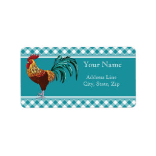 Colourful Rooster and Teal Gingham Label