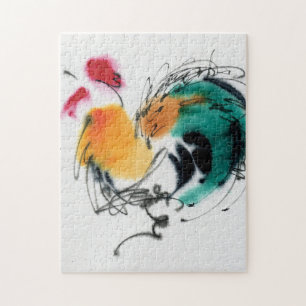 Colourful Rooster. Calligraphy and watercolor. Jigsaw Puzzle