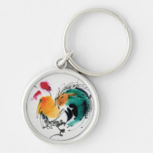 Colourful Rooster. Calligraphy and watercolor. Key Ring