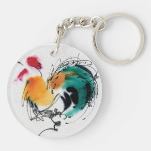 Colourful Rooster. Calligraphy and watercolor. Key Ring