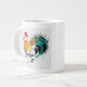Colourful Rooster. Calligraphy and watercolor. Large Coffee Mug