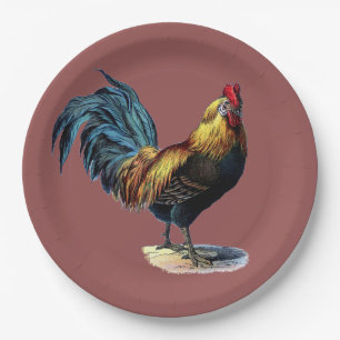 Colourful Rooster Country Chicken Vintage Marsala Paper Plate