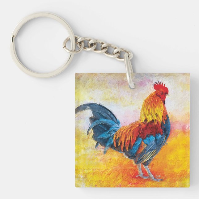 Colourful Rooster Digital Art Painting Key Ring (Front)