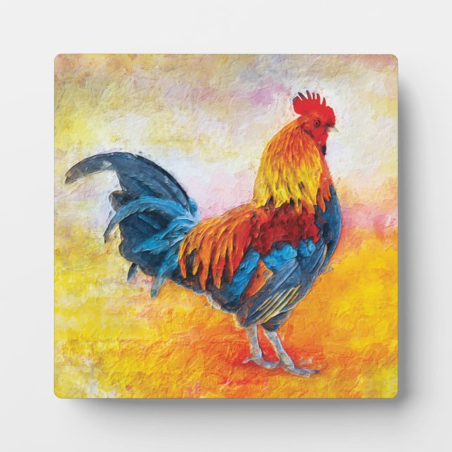 Colourful Rooster Digital Art Painting Plaque (Front)
