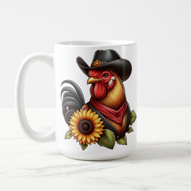 Colourful Rooster in Cowboy Hat with Sunflower  Coffee Mug (Left)