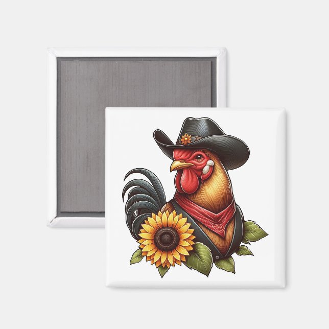Colourful Rooster in Cowboy Hat with Sunflower  Magnet (Front/Back)