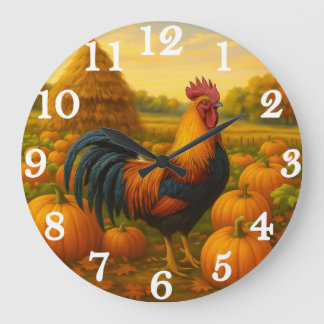 Colourful rooster in pumpkin harvest large clock