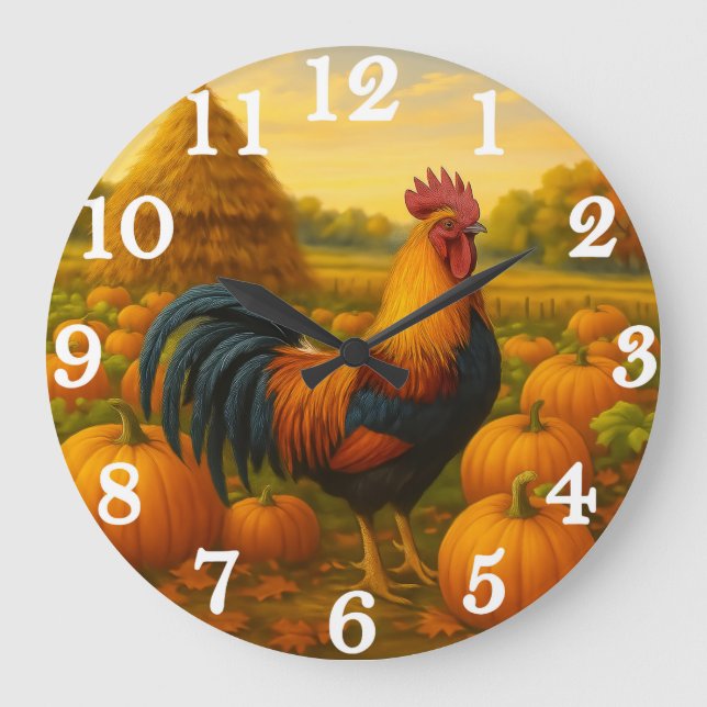 Colourful rooster in pumpkin harvest large clock (Front)