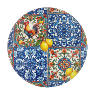 Colourful rooster,Mediterranean,mosaic,lemon, Cutting Board