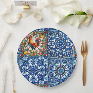 Colourful rooster,Mediterranean,mosaic,lemon, Paper Plate