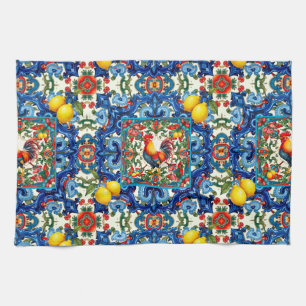 Colourful rooster,Mediterranean,mosaic,lemon, Tea Towel