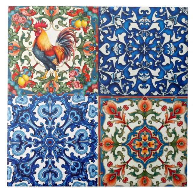 Colourful rooster,Mediterranean,mosaic,lemon, Tile (Front)