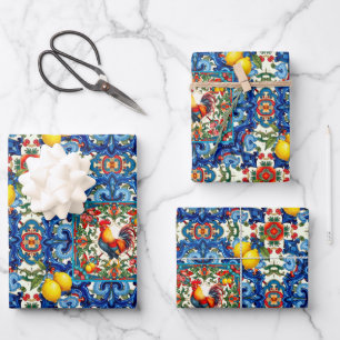 Colourful rooster,Mediterranean,mosaic,lemon, Wrapping Paper Sheet