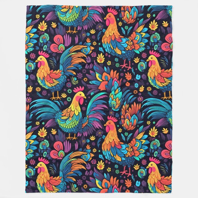 Colourful Rooster pattern Fleece Blanket (Front)