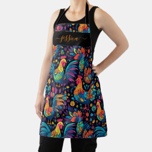 Colourful rooster pattern script name apron
