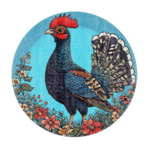 Colourful Rooster Standing Amid Vibrant Flowers Cutting Board