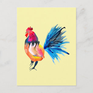 Colourful rooster watercolor animal postcard