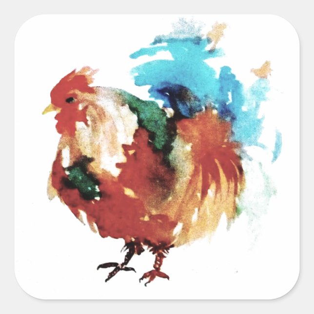 Colourful Rooster Watercolour Chickens Square Sticker (Front)
