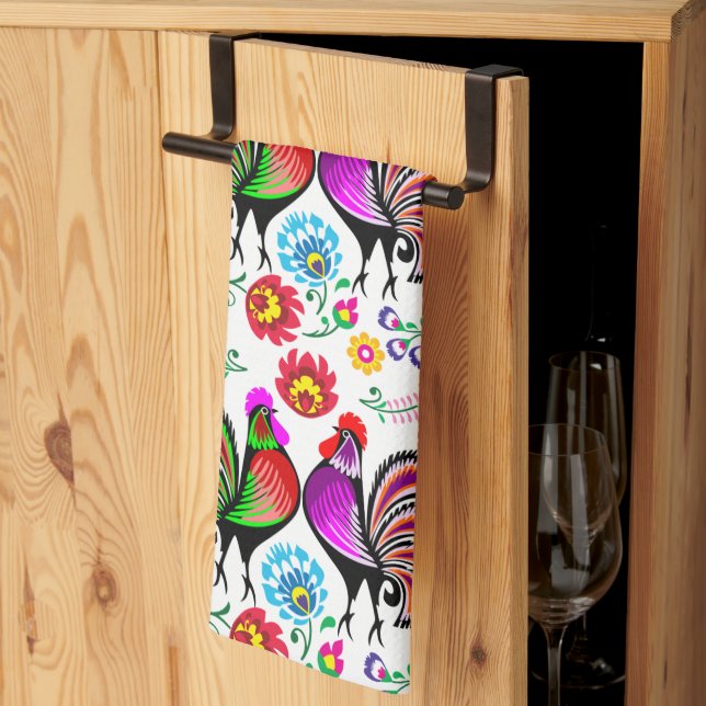 Colourful Roosters Boho Pattern Tea Towel (Thirds Fold)