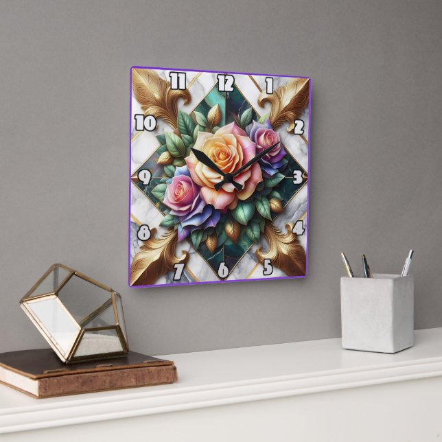 Colourful Rose Arrangement on Decorative Backgroun Square Wall Clock (Office)