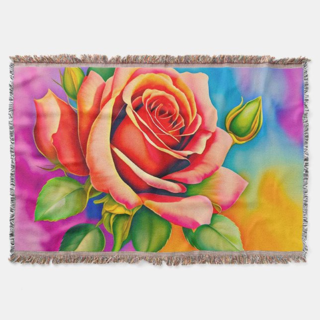 Colourful Rose Flower Digital Painting Throw Blanket (Front)