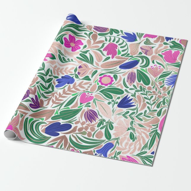 Colourful Rose Gold Floral Leaf Illustrations Wrapping Paper (Unrolled)