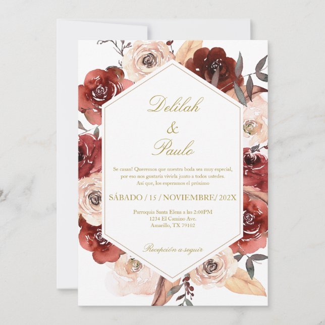Colourful rose wedding Invitation in Spanish (Front)