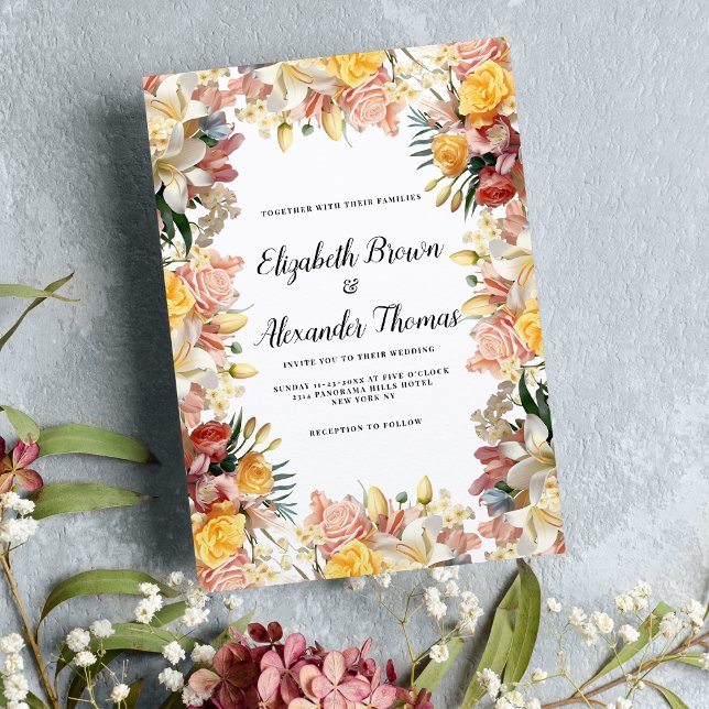 Colourful roses lilies orchids floral wedding invitation (Colorful roses lilies orchids floral wedding)