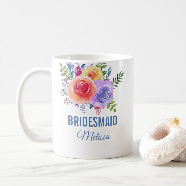 Colourful Roses Watercolor Floral Bridesmaid Coffee Mug (With Donut)