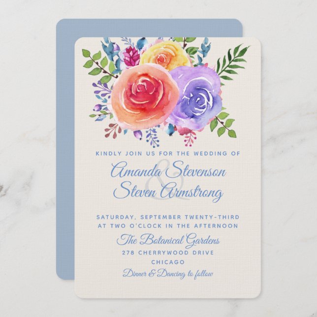 Colourful Roses Watercolor Floral Invitation (Front/Back)