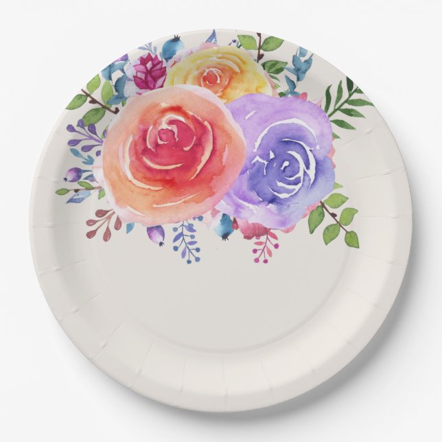 Colourful Roses Watercolor Floral Paper Plate (Front)