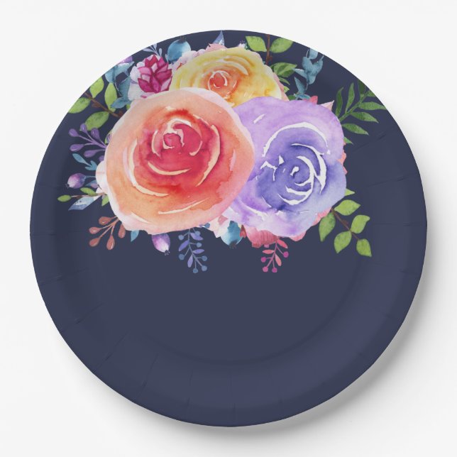 Colourful Roses Watercolor Floral Paper Plate (Front)
