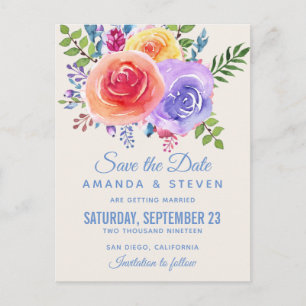 Colourful Roses Watercolor Floral Save the Date Postcard