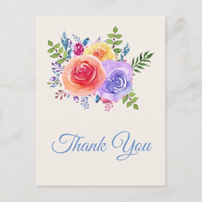 Colourful Roses Watercolor Floral Thank You Postcard (Front)