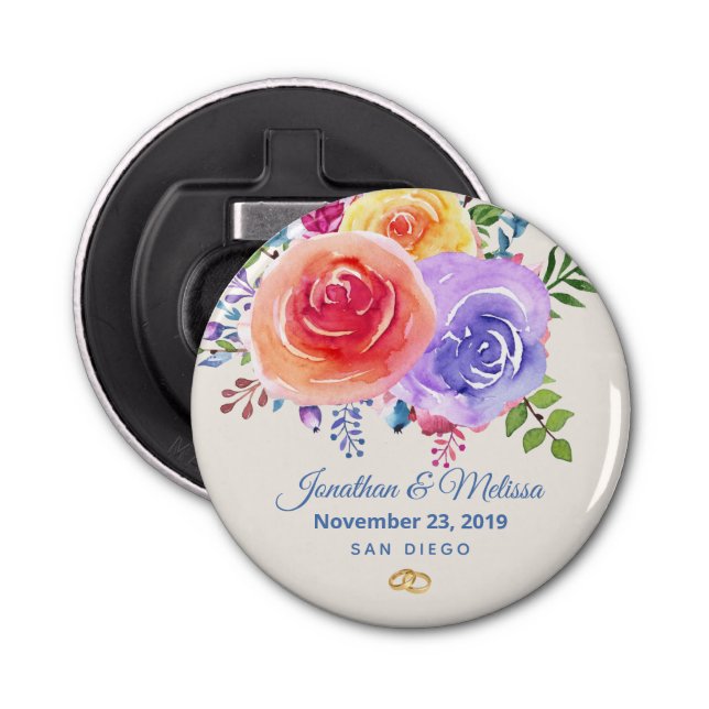 Colourful Roses Watercolor Floral Wedding Bottle Opener (Front)