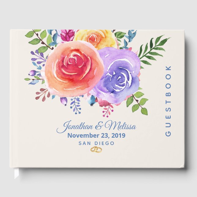 Colourful Roses Watercolor Floral Wedding Guest Book (Front)