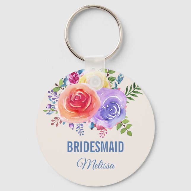 Colourful Roses Watercolor Floral Wedding Key Ring (Front)