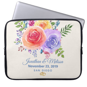 Colourful Roses Watercolor Floral Wedding Laptop Sleeve