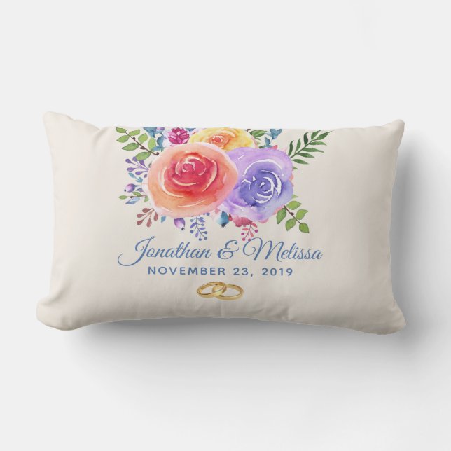 Colourful Roses Watercolor Floral Wedding Lumbar Cushion (Front)