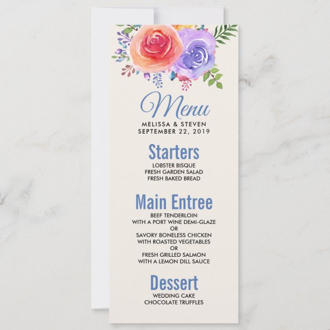 Colourful Roses Watercolor Floral Wedding Menu Invitation (Front)